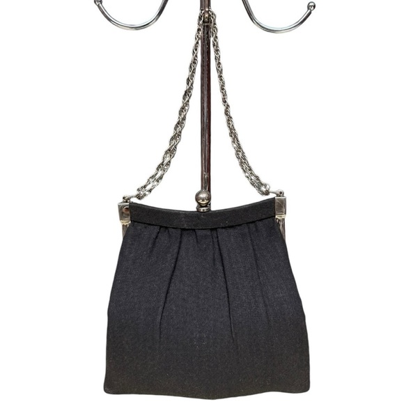 Vintage Black Pleated Clutch with Adjustable Chain Kiss Lock Evening Bag - Picture 4 of 12